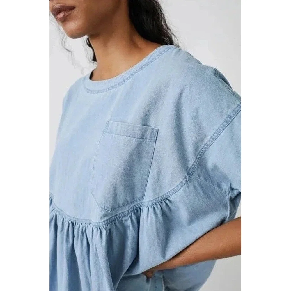 NWT FREE PEOPLE We The Free - Moon City Denim Oversized  Boho Top Women's Size S